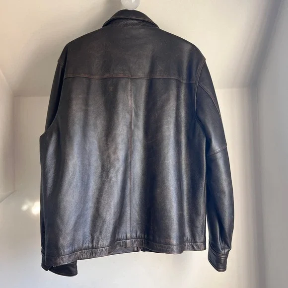 Vintage Brown Leather Bomber Jacket Faded Distressed Oversized Full Zip